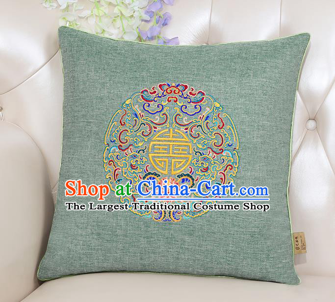 Chinese Classical Household Ornament Traditional Handmade Embroidered Light Green Linen Cushion