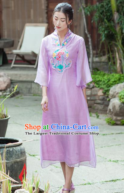 Chinese Traditional Costumes National Qipao Dress Classical Lilac Silk Cheongsam for Women