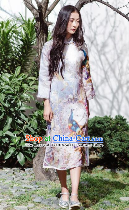 Chinese Traditional Costumes National Printing Peacock Qipao Dress Tang Suit Cheongsam for Women