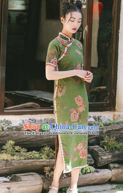 Chinese Traditional Costumes National Green Qipao Dress Tang Suit Cheongsam for Women