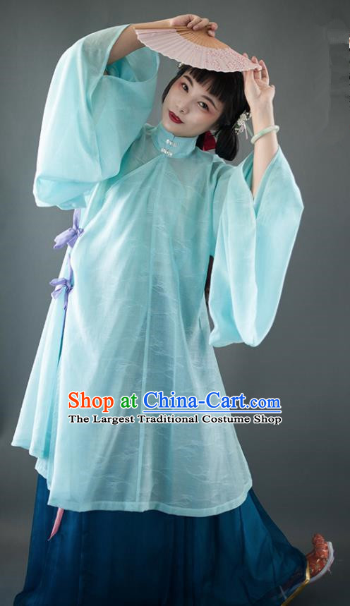 Chinese Traditional Ancient Ming Dynasty Historical Costumes Green Blouse and Navy Skirt Complete Set for Women