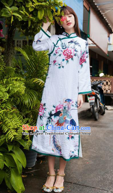 Chinese National Costumes Printing Phoenix Peony Qipao Dress Traditional Tang Suit Cheongsam for Women