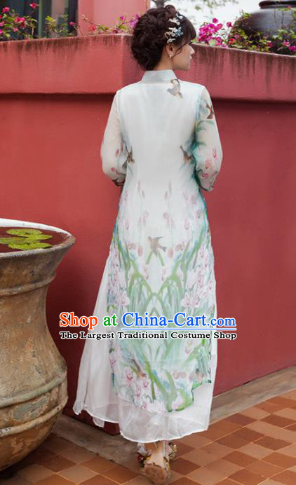 Chinese National Costumes Printing Silk Qipao Dress Traditional Tang Suit Cheongsam for Women