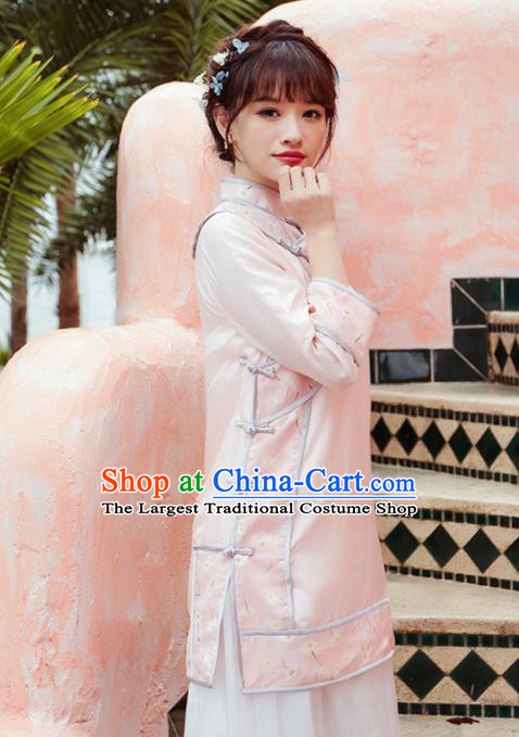 Chinese Traditional Costumes National Pink Qipao Blouse Tang Suit Upper Outer Garment for Women