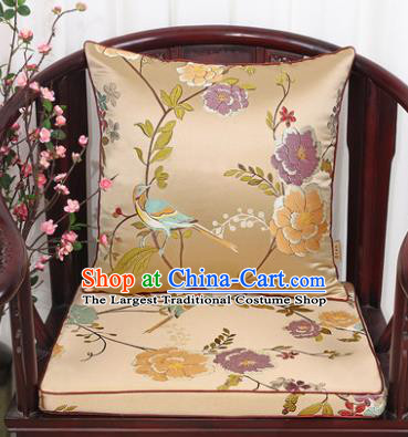Chinese Classical Household Ornament Flowers and Birds Pattern Golden Brocade Back Cushion Cover and Armchair Mat