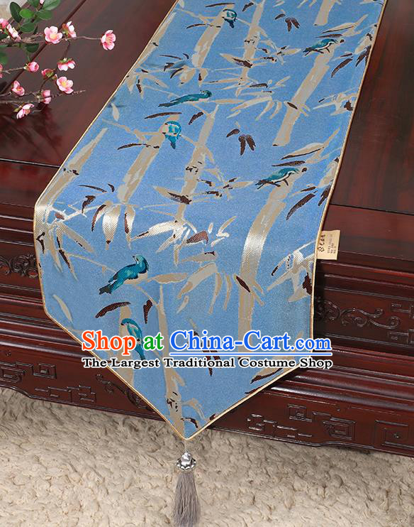 Chinese Classical Household Ornament Blue Brocade Table Flag Traditional Handmade Bamboo Pattern Table Cloth