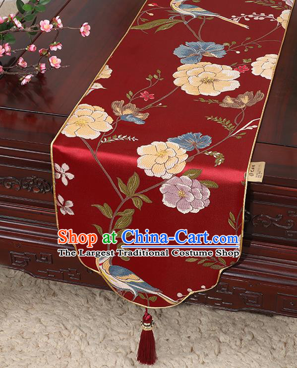 Chinese Classical Household Ornament Flowers and Bird Pattern Red Brocade Table Flag Traditional Handmade Table Cloth