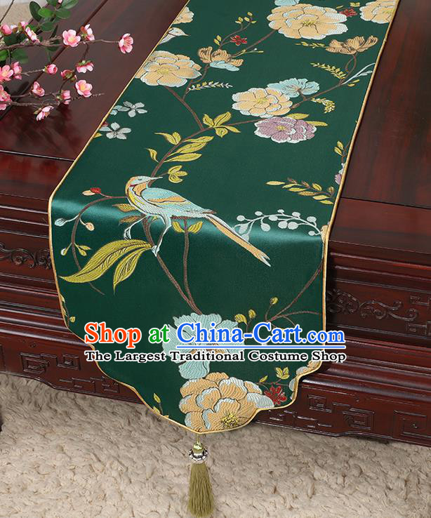 Chinese Classical Household Ornament Flowers and Bird Pattern Deep Green Brocade Table Flag Traditional Handmade Table Cloth