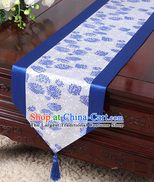 Chinese Traditional Table Cloth Classical Handmade Household Ornament Chrysanthemum Pattern Royalblue Brocade Table Flag