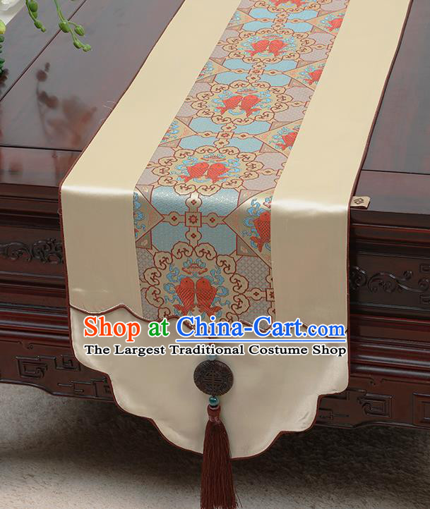 Chinese Traditional Beige Brocade Table Cloth Classical Fishes Pattern Satin Household Ornament Table Flag