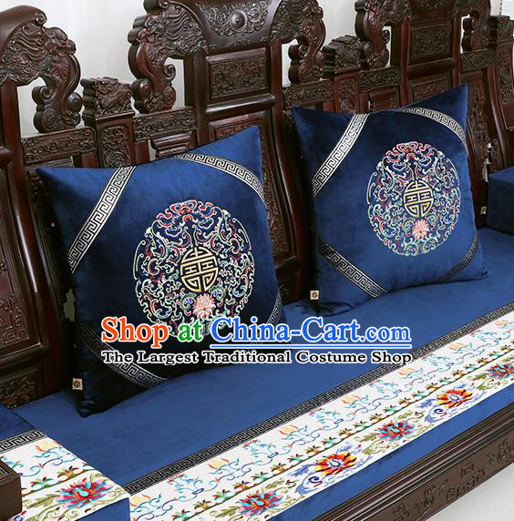 Chinese Traditional Embroidered Lotus Navy Brocade Back Cushion Cover Classical Household Ornament