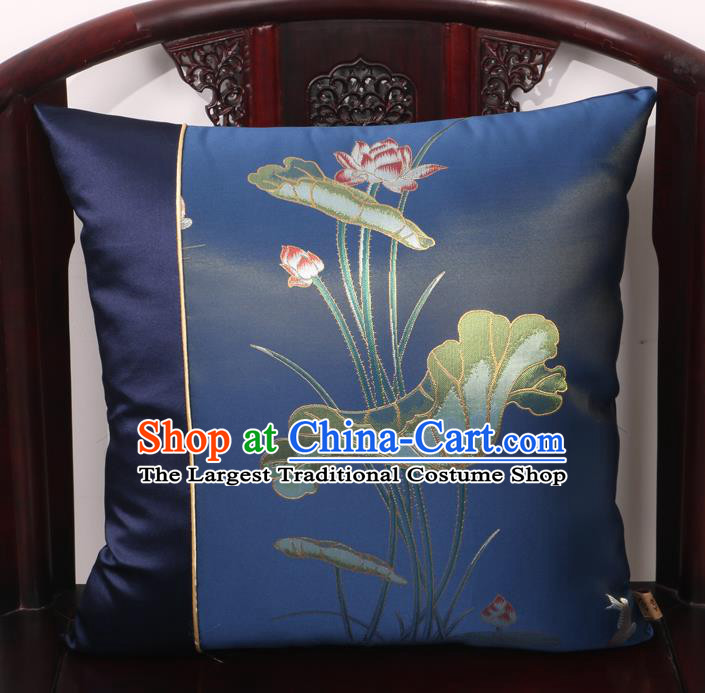 Chinese Traditional Lotus Pattern Navy Brocade Back Cushion Cover Classical Household Ornament
