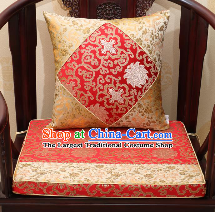 Chinese Classical Household Ornament Traditional Chrysanthemum Pattern Red Brocade Cushion Cover and Armchair Mat Cover