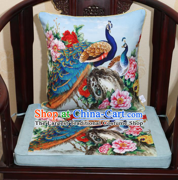 Chinese Classical Household Ornament Traditional Peacock Peony Pattern Blue Brocade Cushion Cover and Armchair Mat Cover