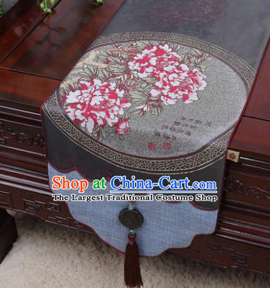 Chinese Traditional Peony Pattern Grey Brocade Table Cloth Classical Household Ornament Table Flag