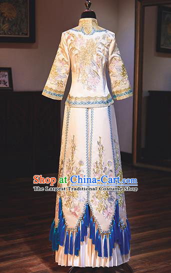 Chinese Traditional Wedding Costumes Bride Toast Blue Tassel Xiuhe Suits Ancient Embroidered Full Dress for Women
