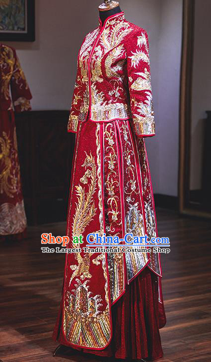 Chinese Traditional Wedding Costumes Embroidered Phoenix Red Xiuhe Suits Ancient Bride Toast Full Dress for Women