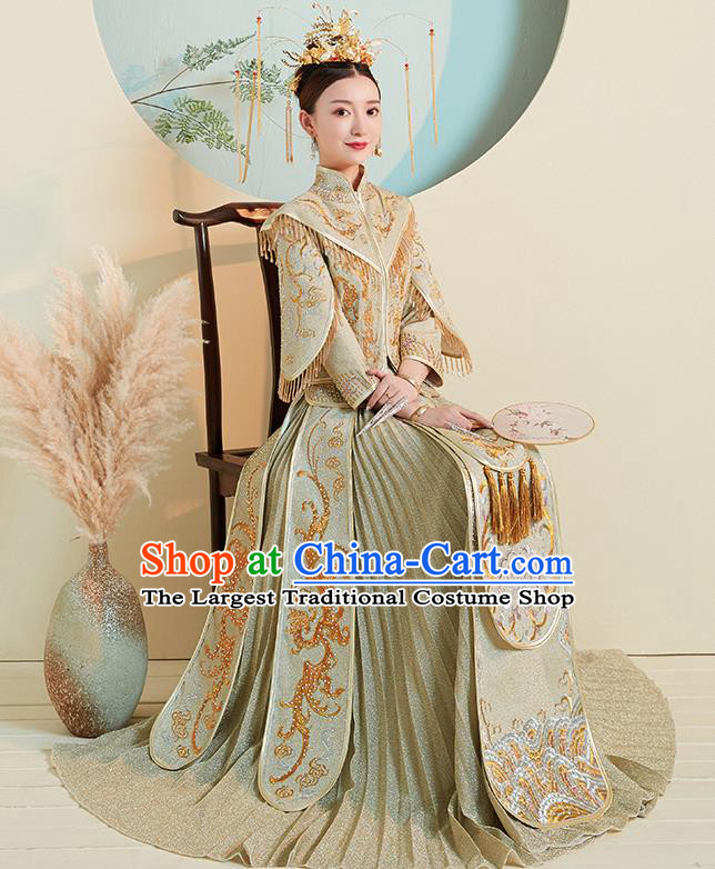 Chinese Traditional Embroidered Green Xiuhe Suits Ancient Bride Toast Wedding Costumes for Women