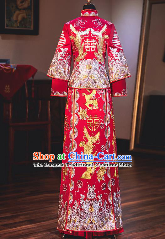 Chinese Traditional Bride Xiuhe Suits Ancient Handmade Embroidered Red Wedding Costumes for Women