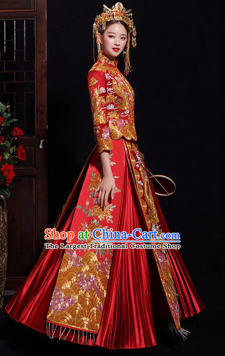 Chinese Traditional Bride Embroidered Red Xiuhe Suits Ancient Handmade Wedding Costumes for Women