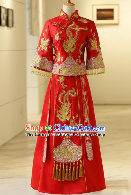 Chinese Traditional Bride Embroidered Phoenix Xiuhe Suits Ancient Handmade Red Wedding Costumes for Women
