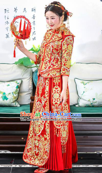 Chinese Traditional Bride Xiuhe Suits Ancient Handmade Golden Embroidered Wedding Costumes for Women