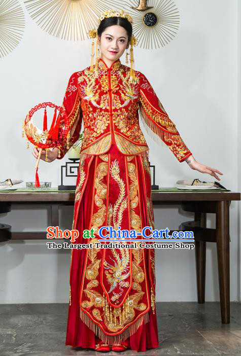 Chinese Traditional Bride Xiuhe Suits Ancient Handmade Red Embroidered Wedding Dresses for Women