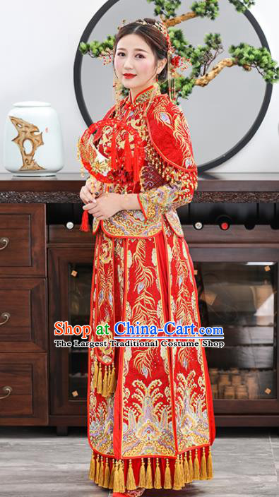 Chinese Traditional Bride Embroidered Dragons Xiuhe Suits Ancient Handmade Red Wedding Dresses for Women