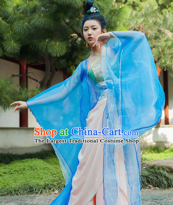 Traditional Chinese Tang Dynasty Palace Dancer Blue Hanfu Dress Ancient Drama Flying Peri Costumes for Women