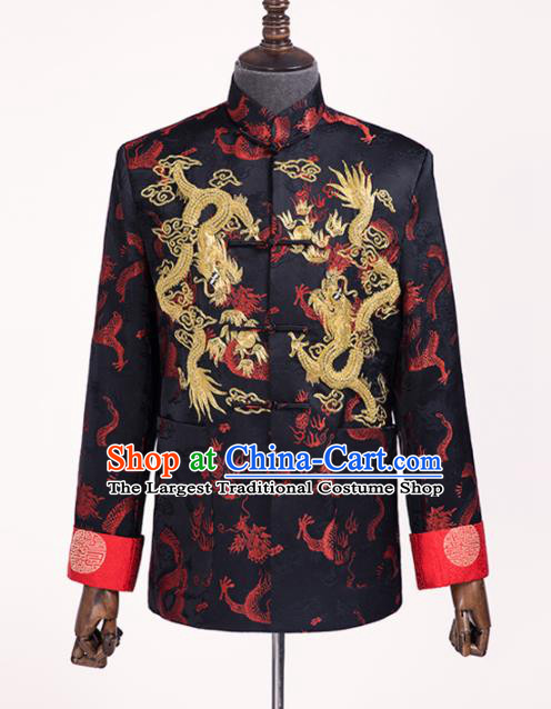 Chinese Traditional Wedding Black Shirt Ancient Bridegroom Embroidered Dragons Costumes for Men