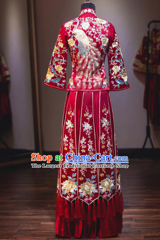 Chinese Traditional Embroidered Cranes Cheongsam Ancient Bride Handmade Xiuhe Suits Wedding Dress for Women