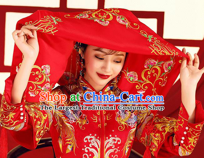 Chinese Traditional Wedding Hair Accessories Ancient Bride Embroidered Peony Red Cover Headdress for Women