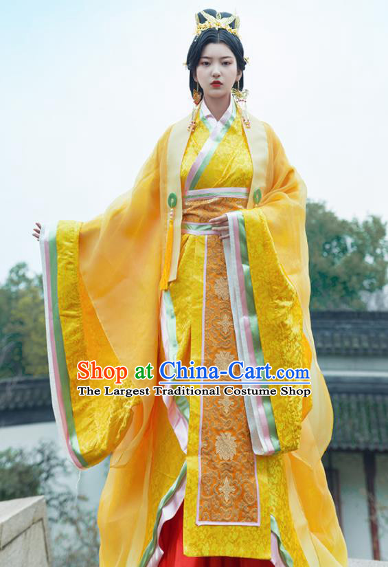 Traditional Chinese Ancient Empress Costumes Qin Dynasty Drama Queen Golden Hanfu Dress for Women