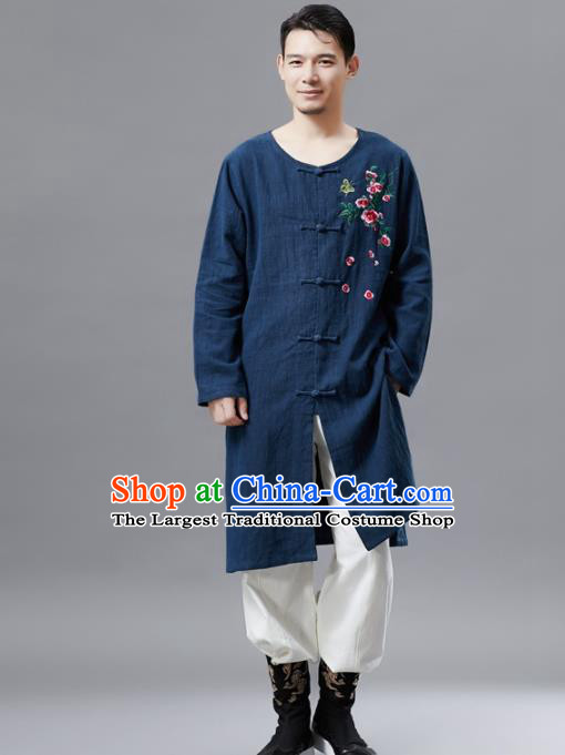 Chinese Traditional Costume Tang Suit Navy Coat National Mandarin Gown Outer Garment for Men