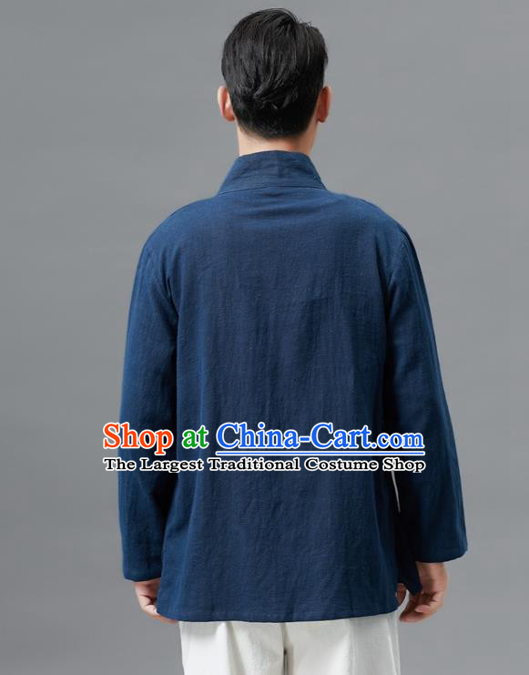 Chinese Traditional Costume Tang Suit Navy Shirts National Mandarin Outer Garment for Men