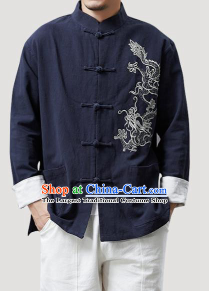 Chinese Traditional Costume Tang Suit Navy Linen Shirts National Mandarin Outer Garment for Men