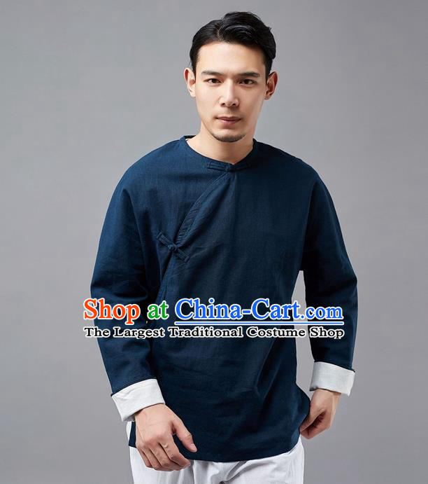 Chinese Traditional Costume Tang Suit Navy Shirts National Mandarin Jacket for Men
