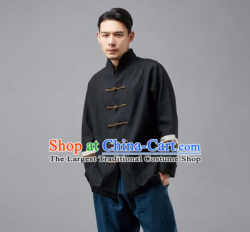 Chinese Traditional Costume Tang Suit Black Overcoat National Mandarin Jacket for Men