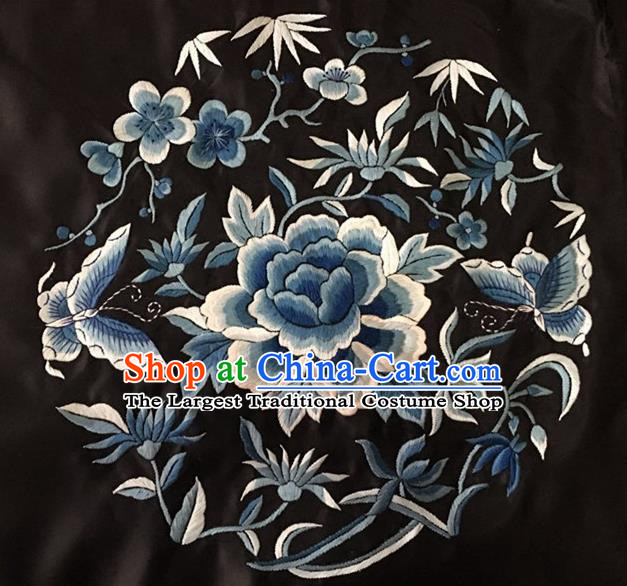 Chinese Traditional Embroidery Craft Embroidered Blue Peony Butterfly Silk Patches Handmade Embroidering Accessories