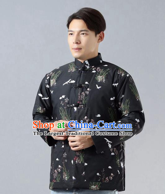 Chinese Traditional Costume Tang Suit Black Cotton Padded Jacket National Mandarin Overcoat for Men