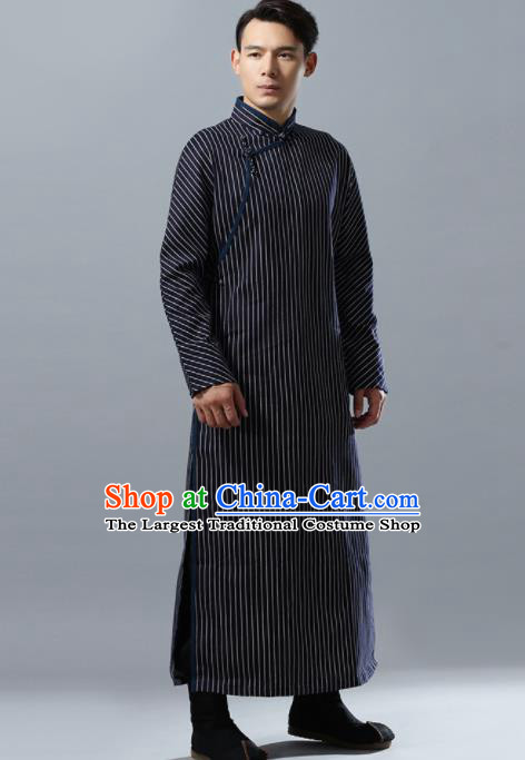 Chinese Traditional Costume Tang Suit Black Robe National Mandarin Overcoat for Men