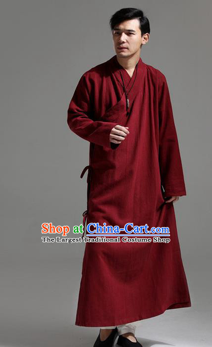 Chinese Traditional Costume Tang Suit Slant Opening Robe National Red Mandarin Gown for Men