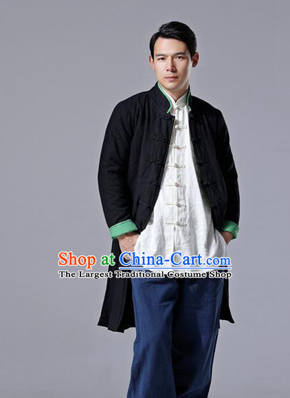 Chinese Traditional Costume Tang Suit Black Overcoat National Mandarin Dust Coat for Men