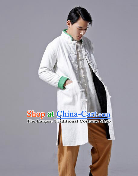 Chinese Traditional Costume Tang Suit White Overcoat National Mandarin Dust Coat for Men