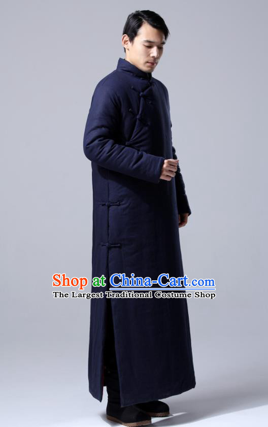 Chinese Traditional Costume Tang Suit Navy Cotton Wadded Robe National Mandarin Dust Coat for Men