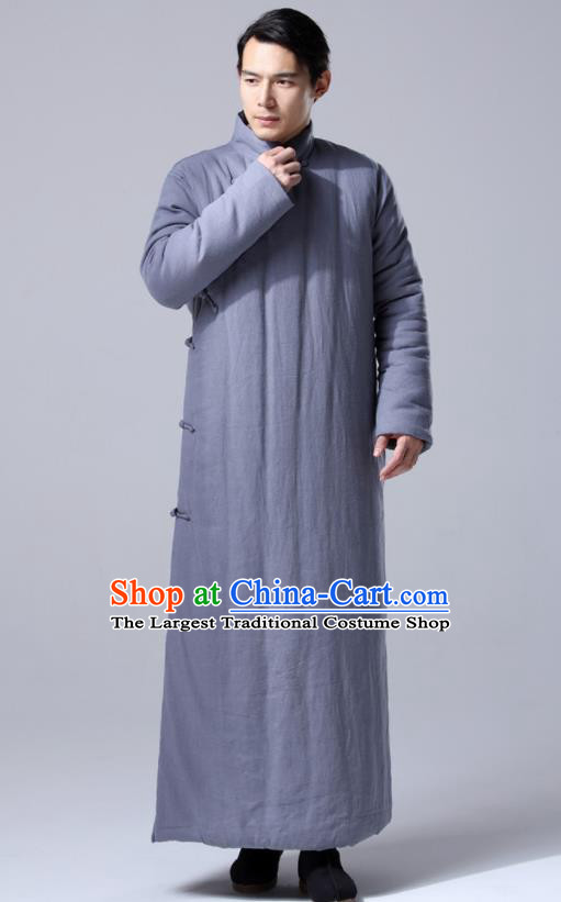 Chinese Traditional Costume Tang Suit Grey Cotton Wadded Robe National Mandarin Dust Coat for Men
