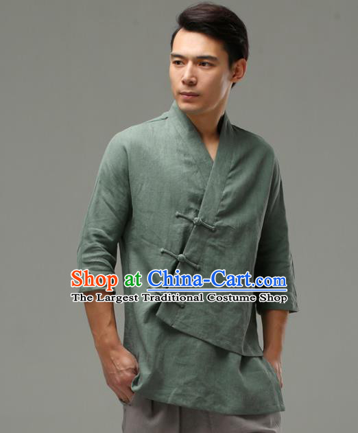 Chinese Traditional Costume Tang Suit Green Shirt National Mandarin Upper Outer Garment for Men
