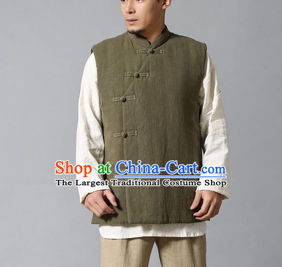 Chinese Traditional Costume Tang Suit Waistcoat National Army Green Mandarin Vest Upper Outer Garment for Men