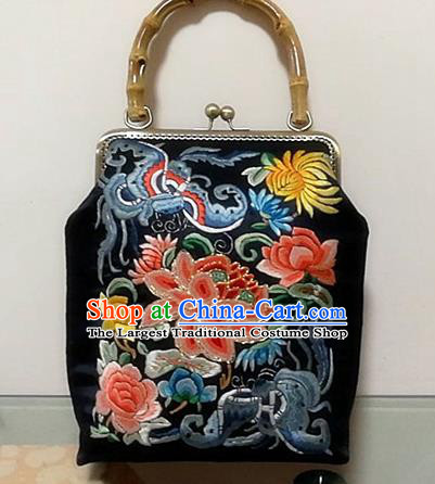Chinese Traditional Handmade Embroidery Craft Embroidered Peony Black Handbag