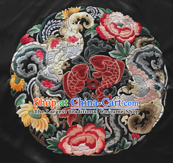Chinese Traditional Embroidered Fishes Peony Silk Patches Handmade Embroidery Craft